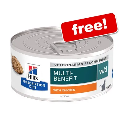 Hill's Prescription Diet Multi-Benefit w/d with Chicken cat food tin, label shows 'Veterinarian Recommended' and 'free!' in red text