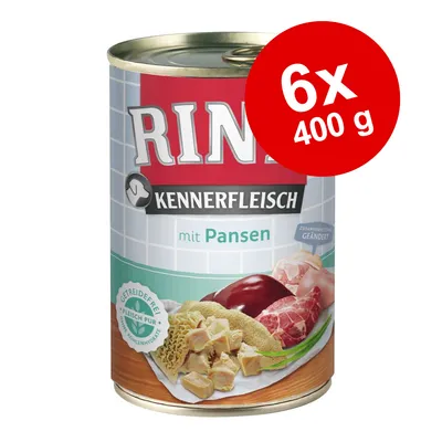 Rinti Kennerfleisch mit Pansen, 6x400 g. Dåse med kød og indmad, mærket 'getreidefrei', 'fleisch pur', 'ohne kohlenhydrate'. Synlige kødstykker på etiketten.