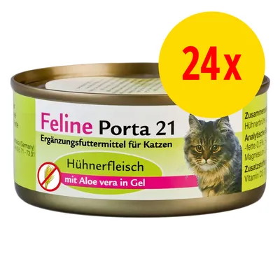 Feline Porta 21 Ergänzungsfuttermittel für Katzen, Hühnerfleisch mit Aloe vera in Gel. 24x dåse synlig på billedet.