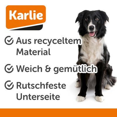 Graues rechteckiges Haustierbett mit gepolsterten Seiten und weicher Liegefläche.