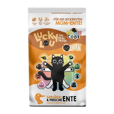 Lucky Lou Adult, Geflügel & frische Ente, sachet pour chat avec illustrations de chat, mentions 'potato free', 'grain free', 'no added sugar', texte majoritairement en allemand.
