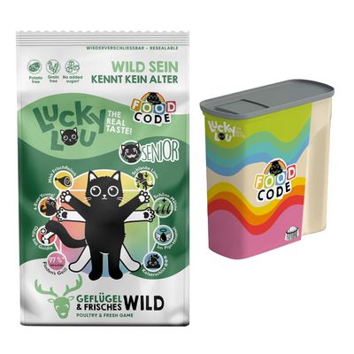 Lucky Lou Geflügel & frisches Huhn Katzenfutter für Erwachsene. Gratis Food Code Vorratsbehälter mit Regenbogen-Design. Ohne Kartoffeln, Getreide und Zuckerzusatz.