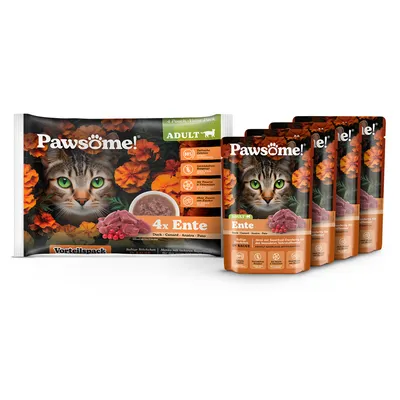Pawsome! Adult pachet economic cu 4x rață în sos. Fără cereale, fără adaos de zahăr, 85% ingrediente de origine animală. Meniu cu merișoare pentru pisici.