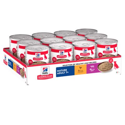 Hill's Science Plan Mature Adult 7+ au poulet. Boîte de nourriture humide pour chiens âgés, recommandée par les vétérinaires.