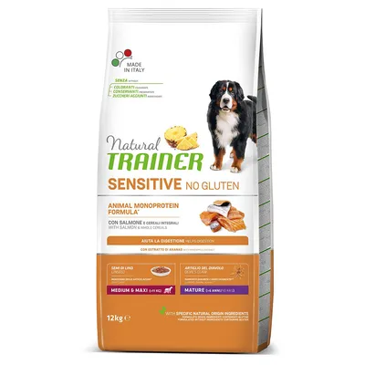 Natural Trainer Sensitive No Gluten, monoproteinrecept med lax och fullkorn, Made in Italy, för medium- och maxihundar från 6 år, 12 kg förpackning.