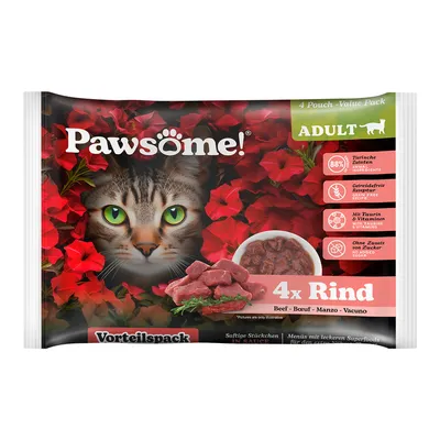 Pawsome! икономична опаковка за котки, 4x говеждо. 88% животински съставки, беззърнена рецепта, с таурин и витамини, без добавена захар. Сочни парченца в сос.