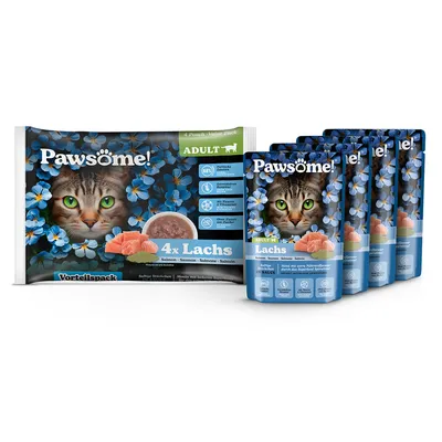 Pawsome! Adult pachet economic cu 4x somon în sos. Conține 80% ingrediente de origine animală, fără zahăr adăugat și fără teste pe animale.