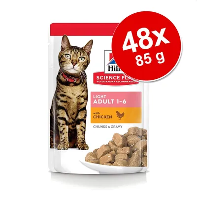 Hill's Science Plan Light Adult 1-6 with Chicken, Chunks & Gravy. Pakke med 48 x 85 g. Billede af kat og foderstykker i sovs på emballagen.