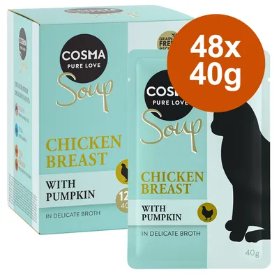 Cosma Soup Chicken Breast mit Kürbis, in feiner Brühe. Packung enthält 48x40g Beutel. Getreidefreie Rezeptur.