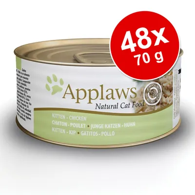 Applaws Natural Cat Food, chaton-poulet, 48 x 70 g. Texte visible : Made with natural ingredients. Inscriptions multilingues : kitten-chicken, chaton-poulet, junge katzen-huhn. Applaws Natural Cat Food, chaton-poulet, 48 x 70 g. Texte visible : Made with natural ingredients. Inscriptions multilingues : kitten-chicken, chaton-poulet, junge katzen-huhn.