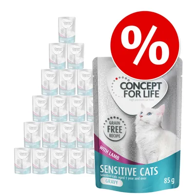 Multipack Concept for Life Sensitive Cats våtfoder med lamm, gravy, spannmålsfritt, 85 g. Stor röd procent-symbol för rabatt. Flera förpackningar staplade i bakgrunden.