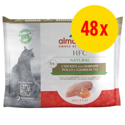 Almo Nature HFC Natural, 48x sachets, poulet et crevettes pour chat adulte. Texte visible : profits 100 % to nature, adult cat, fondazione capellino.