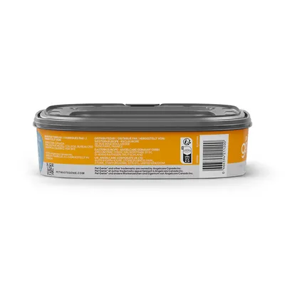 Ambalaj de produs cu informații despre producător: Angelcare Canada Inc., cod de bare și site-ul petwastegenie.com. Cutie portocalie cu capac gri.