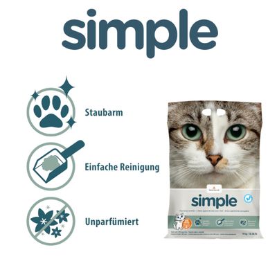 Katzenstreu 'simple' von Intersand, staubarm, einfache Reinigung, unparfümiert. Verpackung mit Katzenmotiv und 14kg Inhalt.