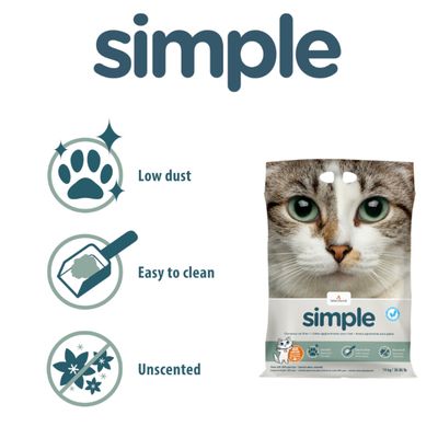 simple kattenbakvulling, kenmerken: weinig stof (low dust), makkelijk schoon te maken (easy to clean), ongeparfumeerd (unscented). Verpakking met kat en merknaam simple zichtbaar.