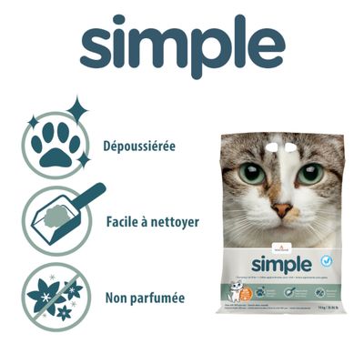 simple – litière pour chat, dépoussiérée, facile à nettoyer, non parfumée. Sac avec photo de chat et texte simple visible sur l’emballage.