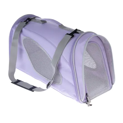 Sac de transport violet avec sangles grises, panneaux en maille sur les côtés et à l’avant, fermeture éclair visible, matériau tissu et plastique.