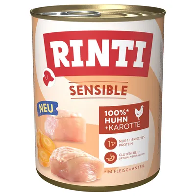 Konzerva Rinti Sensible, 100%* Huhn + Karotte, pouze 1 živočišný protein, bez lepku, obrázky kuřecího masa a mrkve, text v němčině. Nápis NEU.