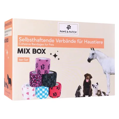 Paws & Patch Mix Box, selbsthaftende Verbände für Haustiere, 6er-Set. Verpackung zeigt bunte Bandagen und Bilder von Pferd, Hund, Katze und Kaninchen.