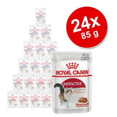 Royal Canin Instinctive, zestaw 24 x 85 g saszetek dla kotów. Widoczne opakowania z wizerunkiem kota i napisem Instinctive oraz Sterilised.