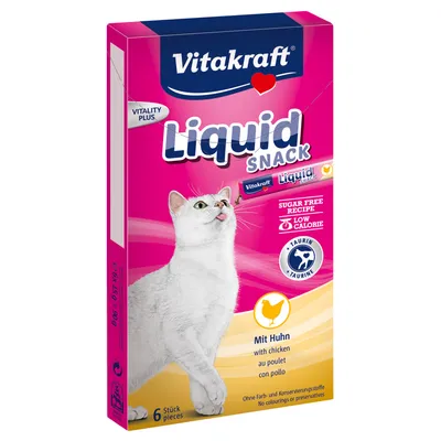 Vitakraft Liquid Snack kissalle, kanaa, 6 annosta. Sokeriton resepti, vähäkalorinen, tauriinia. Ei väri- tai säilöntäaineita. Pakkauksessa valkoinen kissa ja tuotetiedot.