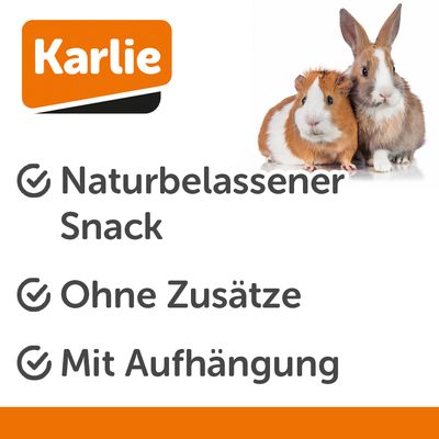 Karlie Corn Cobs, épis de maïs en sachet plastique transparent, 2 pièces avec attaches vertes, emballage illustré d’un lapin et d’un épi de maïs, texte multilingue visible.