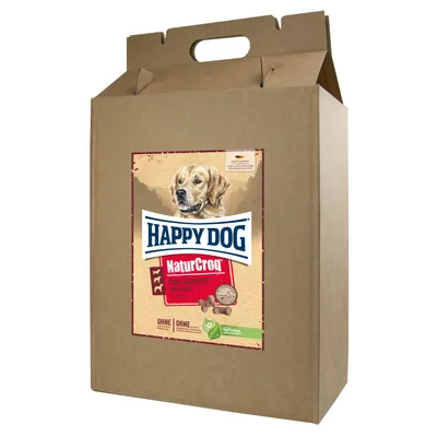 Confezione di cartone con etichetta Happy Dog NaturCroq Mini Knochen, immagine di un cane e biscotti a forma di osso. Testi visibili: OHNE, NATURAL LIFE CONCEPT. Confezione di cartone con etichetta Happy Dog NaturCroq Mini Knochen, immagine di un cane e biscotti a forma di osso. Testi visibili: OHNE, NATURAL LIFE CONCEPT.