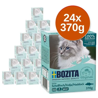 Bozita macskaeledel, 24 x 370 g, Schellfisch/Kolja/Haddock, 100% állati fehérje, gabonamentes, zselében. Csomagoláson kék szemű macska képe látható. Bozita macskaeledel, 24 x 370 g, Schellfisch/Kolja/Haddock, 100% állati fehérje, gabonamentes, zselében. Csomagoláson kék szemű macska képe látható.