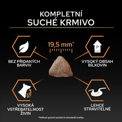 Kompletní krmivo, velikost granulí 19,5 mm, bez barviv, vysoký obsah bílkovin, vysoká vstřebatelnost živin, lehce stravitelné.