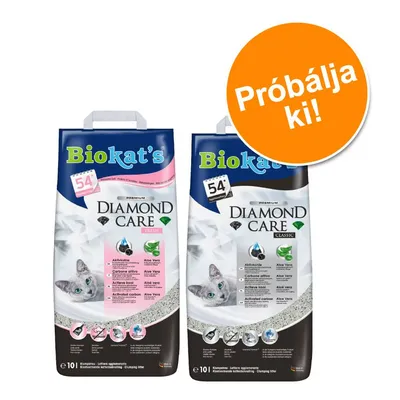 Biokat's Diamond Care Fresh és Classic macskaalom, 10 l, 54 napos használat, aktív szénnel és aloe verával. Narancssárga kör: Próbálja ki!