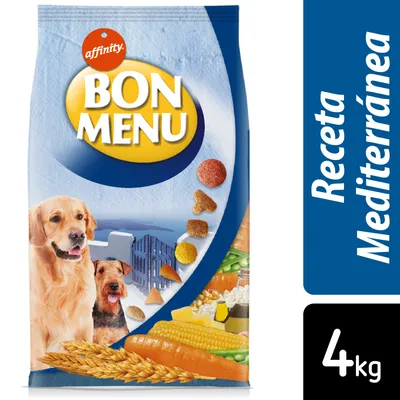 Saco de pienso Affinity Bon Menu Receta Mediterránea, 4 kg. Imagen de croquetas, maíz, zanahoria, trigo y aceite en el envase.