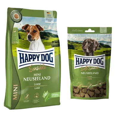 Happy Dog Kombi-Paket: 2 x 4 kg Sensible mini Trockenfutter + 4 x 100 g Soft Snack -  2 x 4 kg Neuseeland +  4 x 100 g Neuseeland