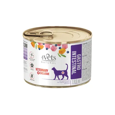 Boîte 4Vets Natural Gastro Intestinal pour chat, 185 g. Texte visible : Veterinary Exclusive, grain free, linseed, bêta-glucans, FOS & MOS. Illustration de chat et fruits/légumes.