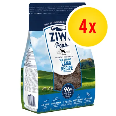 Confezione di Ziwi Peak Dog New Zealand Lamb Recipe, 2,2 lb/1 kg, 96% carne, organi e cozze verdi NZ. Evidenziato cerchio giallo con testo rosso '4x'.