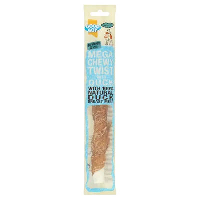 Mega Chewy Twist with duck, made with 100% natural duck breast meat, shown in clear packaging.