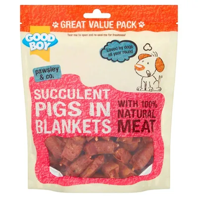 Succulent pigs in blankets with 100% natural meat, great value pack. Loved by dogs all year round. Tear to open and reseal for freshness. Pawsley & Co. Good Boy.