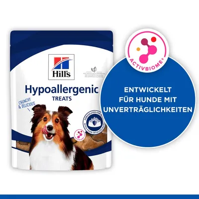 Hill's Hypoallergenic Treats, texte visible : Crunchy & Delicious, ActivBiome+, Entwickelt für Hunde mit Unverträglichkeiten, Formulated for dogs with food intolerances.