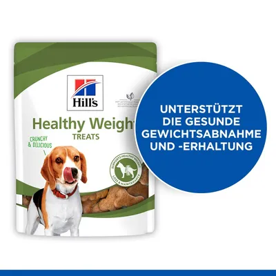Hill's Healthy Weight Treats, sachet avec un chien, texte anglais 'Crunchy & Delicious', pastille allemande 'Unterstützt die gesunde Gewichtsabnahme und -erhaltung' visible.