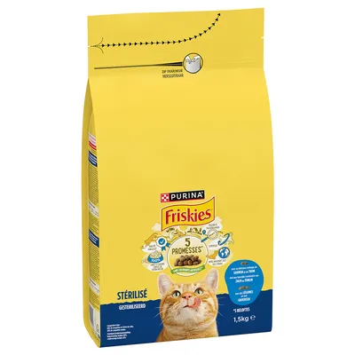 Purina Friskies Sterilisé корм для кошек, 1,5 кг. 5 обещаний: без искусственных красителей, сбалансированное питание, 100% полнорационный, экспертные знания, перерабатываемая упаковка.