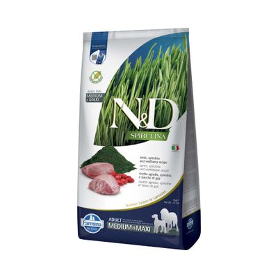 N&D Spirulina Adult Dog Medium & Maxi, Lamm, Spirulina und Wolfsbeere Rezept. Farmina Pet Foods. Nutrition System for Carnivores.