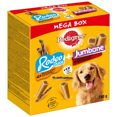 Pedigree Mega Box z Rodeo Duos in Jumbone, 780g. Vsebuje 24 Rodeo Duos in 4 Jumbone. Z omega 3, vitaminom E in manj kot 5% maščobe.
