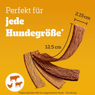 Perfekt für jede Hundegröße. Snackstreifen Maße: 12,5 cm lang, 2,15 cm breit. Ergänzungsfuttermittel für ausgewachsene Hunde. Symbole von Rind, Huhn und Lamm.