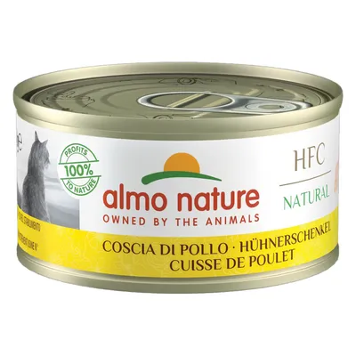 Almo Nature HFC Natural, coscia di pollo, 100% Profits to Nature, lattina con etichetta gialla e motivo di gatto.