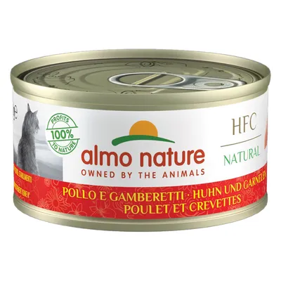 Almo Nature HFC Natural, chicken and prawns. 100% of profits to nature. Tin with cat design.