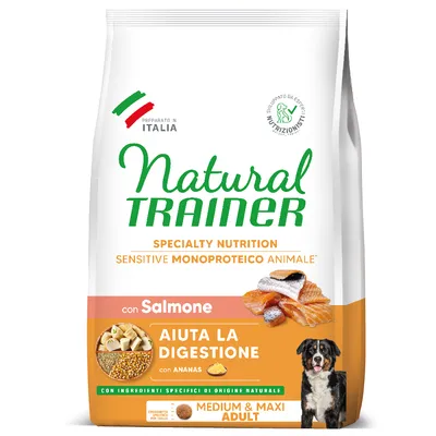 Natural Trainer Specialty Nutrition Sensitive Monoproteico Animale con Salmone, Aiuta la digestione con ananas, Medium & Maxi Adult. Připraveno v Itálii. Obal s obrázkem psa a lososa.