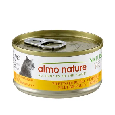 Almo Nature HFC Natural chicken fillet, 70g can. Text: 'All profits to the planet'. Image of a cat on the packaging.