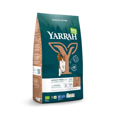 Yarrah Bio-Organic kattmat, vetefri, med kyckling, lupin och MSC-sill. 34% protein, 13% fett. Passar kattungar. Komplett och balanserat foder för katter.