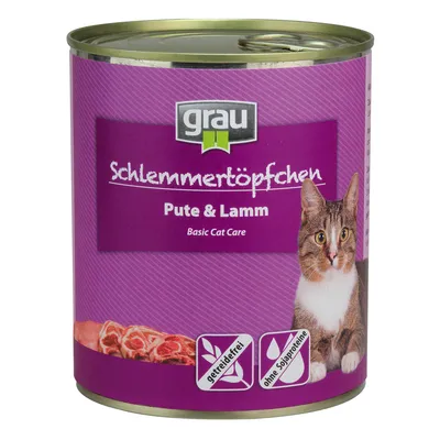 grau Schlemmertöpfchen Pute & Lamm -kissanruokapurkki, etiketissä kuva kissasta ja tekstit: getreidefrei, ohne Sojaproteine, Basic Cat Care