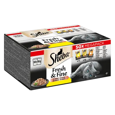Sheba Fresh & Fine 50x50g MEGAPACK, tři druhy kapsiček: x17, x16, x17. Text: In Gravy – In Sauce – En Sauce – In Gravy. Obrázek kočky a porce krmiva. Sheba Fresh & Fine 50x50g MEGAPACK, tři druhy kapsiček: x17, x16, x17. Text: In Gravy – In Sauce – En Sauce – In Gravy. Obrázek kočky a porce krmiva.