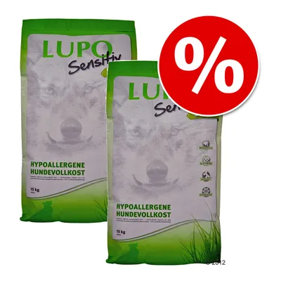 LUPO Sensitiv hipoallergén teljes értékű kutyaeledel, 15 kg, monoprotein, gluténmentes, gabonamentes, piros körben kedvezményjelzéssel.